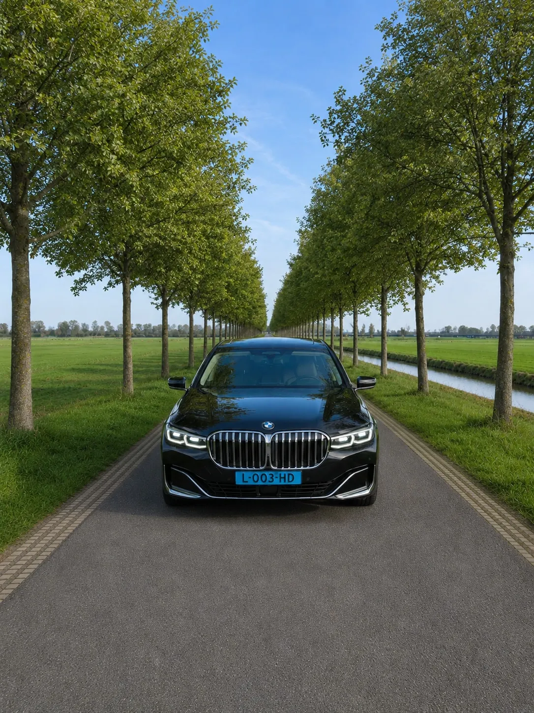 Donkere taxi-sedan met blauwe taxiplaat op een smalle polderweg tussen bomenrijen en weilanden in het Groene Hart